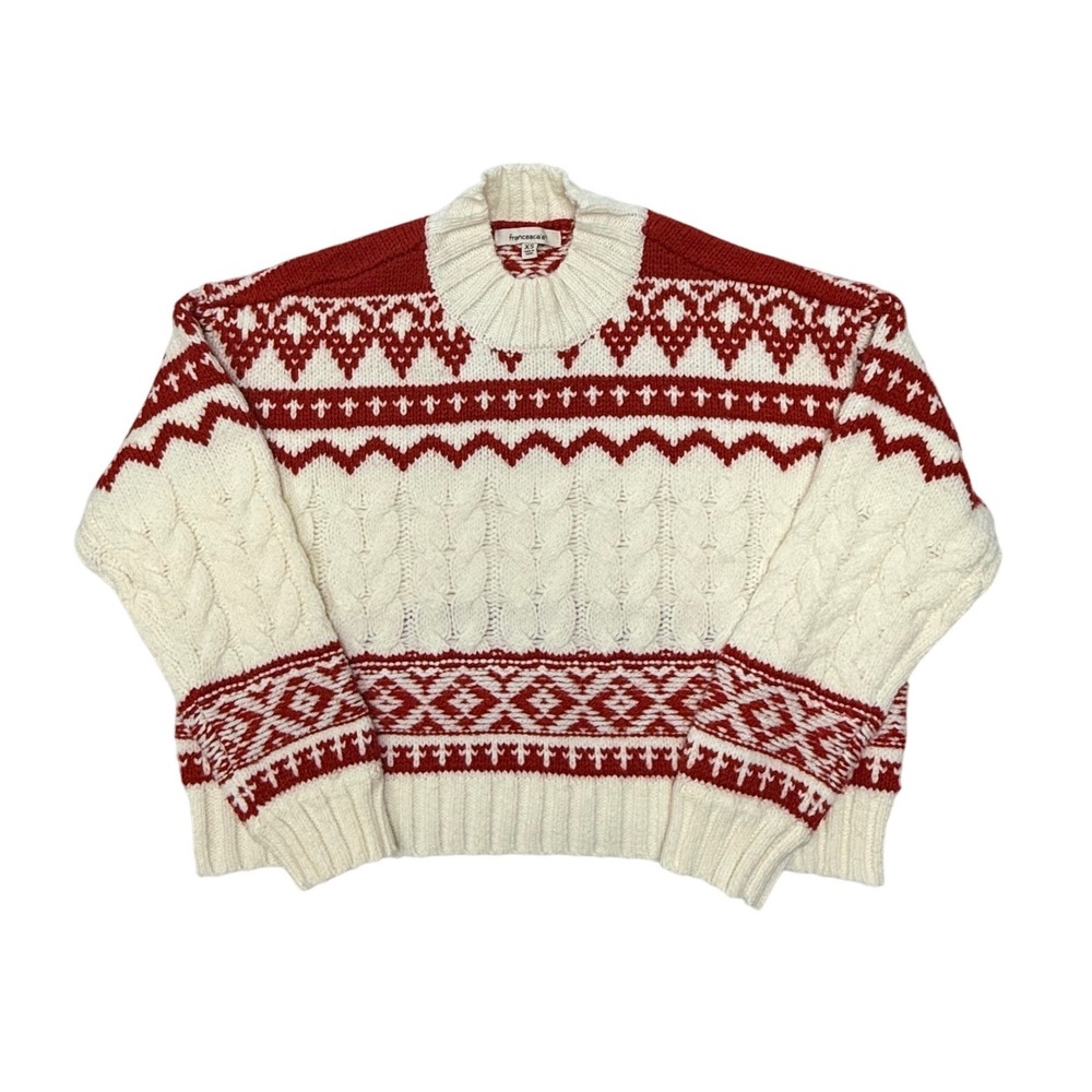 Francesca's Fair Isle Cable Knit Sweater Christmas Red Cream Mock Neck XS